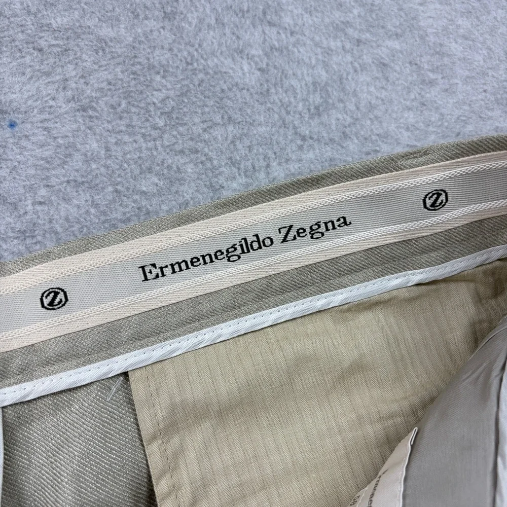 Ermenegildo Zegna Pants Mens 40x29 Beige Linen Pleated Cuffed High Rise Trousers